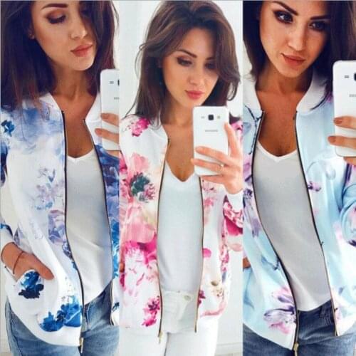 Women Winter Autumn Zip Up Casual Floral Coat Jacket Long Sleeve Zipper Outwear