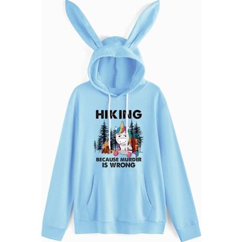 2021 Spring Autumn Women Hoodies Kawaii Rabbit Ears Fashion Kangaroo Pocket Hoody Casual Blue Sweatshirt Hoodies for Women