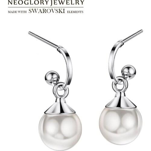 Neoglory Simulated Pearl Round White Ball Long Drop Earrings Elegant Design For Lady Spring Classic Gift Trendy