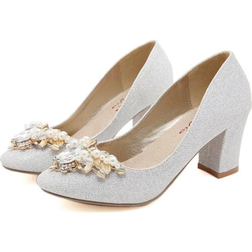 Women Pumps Thick High Heel Shoes Sexy Sequined Slip On 7CM Round Toe Dress Office & Career Party Wedding Bling Shallow 2020