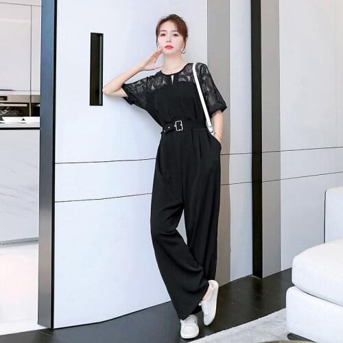 Black Lace Splice Wide Leg Jumpsuit Women 2021 Summer Short Sleeve O-neck Streetwear One Piece Pants Set Loose Straight Overalls