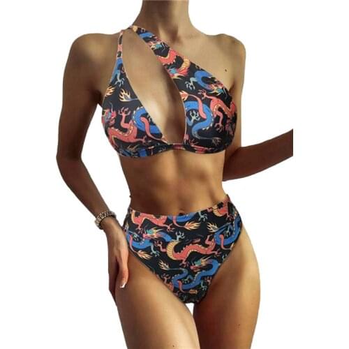 2021 Women’s Retro Printed 2Pcs Bikini Suit Hollowed Single Oblique Shoulder Strap Tops with Triangle Bottoms Woman Swimwear