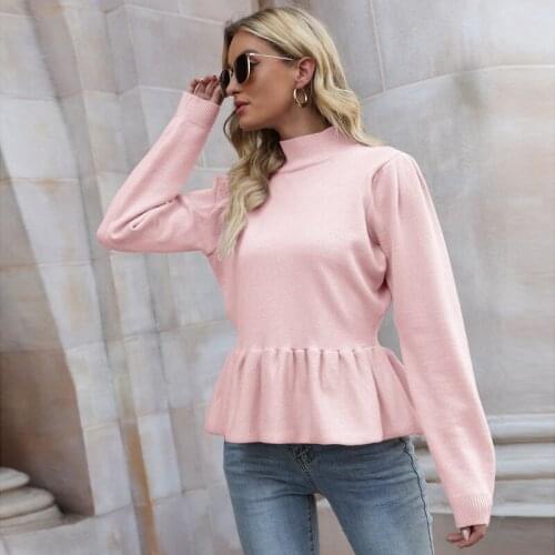 Ladies Cute Pink Purple Sweater Knitted Long Sleeve Top Streetwear Girls Ruffled Cute Sweater Oversize Women Pullover Turtleneck