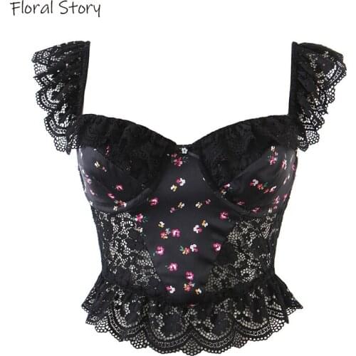 FLORAL STORY Crop Top 2021 Woman Sexy Y2K Fashion Lace Tops Women Summer Flower Printed Spaghetti Tops