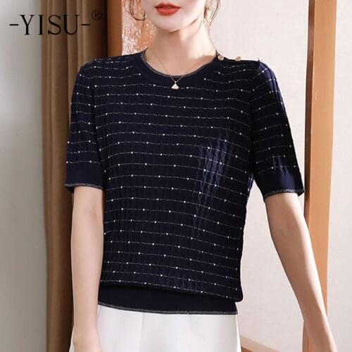 YISU Fashion Women Summer Sweaters O neck Lines Short sleeve Jumper Sweater Thin Casual Loose Knitted Pullover 2021 New