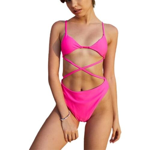 Women’s Sexy One-piece Bikini Personality Solid Color Cross Bandage Backless Slim Fit Swimsuit Bikini Set