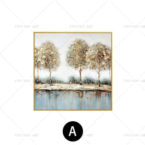 100% Handmade Blue Quiet Tree View Abstract Gold Oil Painting for Living Room Modern Painting wall decor picture art Gift