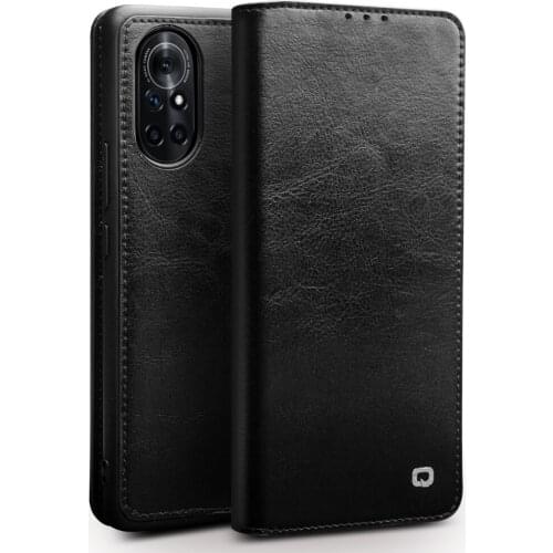 QIALINO Fashion Genuine Leather Flip Case for Huawei Nova8 SE Ultra Slim Bracket Function Card Slot Phone Cover for Nova 8/8 Pro
