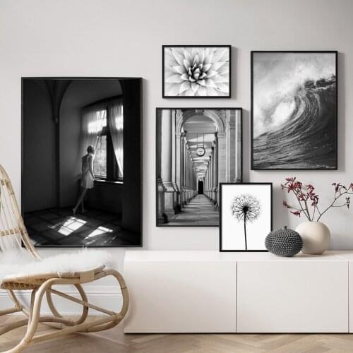 Black and White Fashion Girl Canvas Painting Gallery Wave Landscape Wall Art Nordic Poster and Print Flower Picture Home Decor