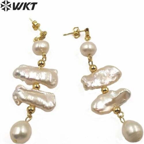 WT-MPE015 Natural freshwater pearl earring Irregular pearl with gold electroplated beads earring 3 colors pearl elegant earring