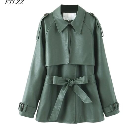 FTLZZ 2021 Spring Autumn Lapel Faux Leather Jacket Women Green PU Coat Simplicity Loose Jackets Office Lady Outwear With Belt