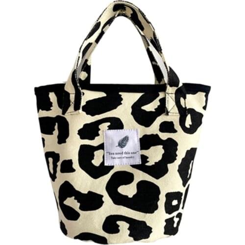 M68C Girls Canvas Bucket Bag Leopard Clutch Purse Retro Ladies Shoulder Bag Handbag
