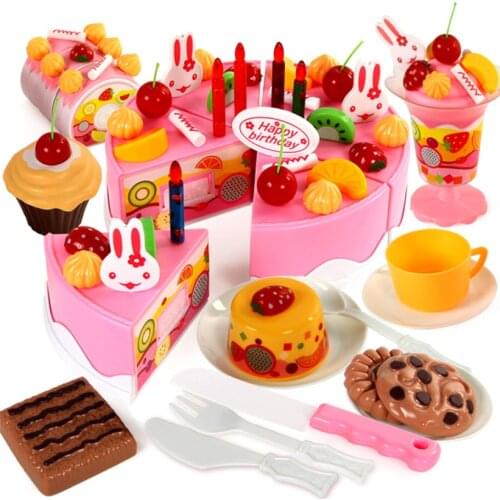 75pcs Birthday Cake Pretend Play Food Toy Set Kitchen Cutting Toy kit With Fruits Candle Play house toy gift for Kids Girl Boys