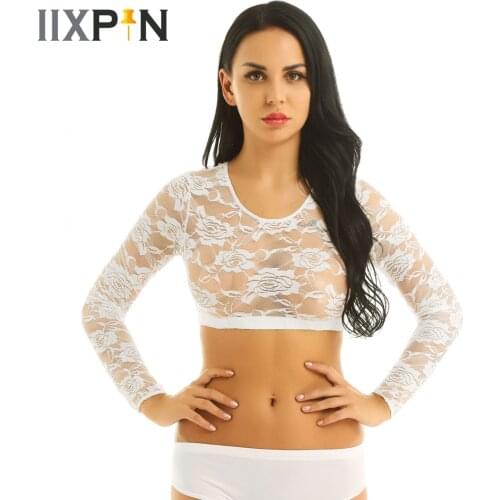 Summer Women See Through Sheer Mesh Lace Tee Bodycon Long Sleeve Crop Top Beach T-shirt New Design Navel Exposed Party Club Tops