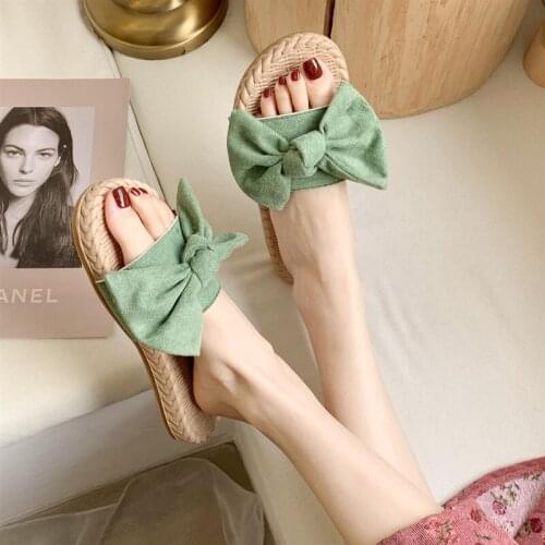 Girls Stripe massage for Wedding for Women Summer Flip Flops All-match bowknot spring slippers female flat bottom beach slippers