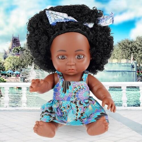 25cm Soft African Black Skin Doll Toy Silicone Black Doll Simulation Black Doll Toy with Clothes and Hairpin Real Baby Dolls