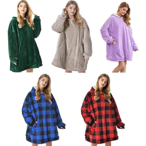 New Blue Red Plaid Print Lazy Blanket Sweater Hooded Casual Home Wear Lazy TV Blanket Comfortable And Soft Material
