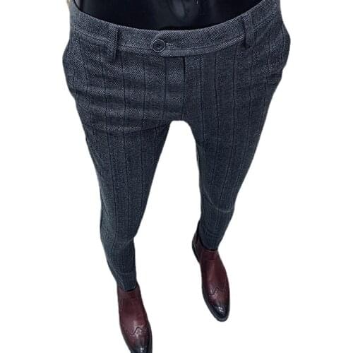 2021Autumn Winter Men Striped Dress Pants Woolen Warm Business Formal Social Suit Pants Casual Slim Fit Cigarette Trousers 28-38