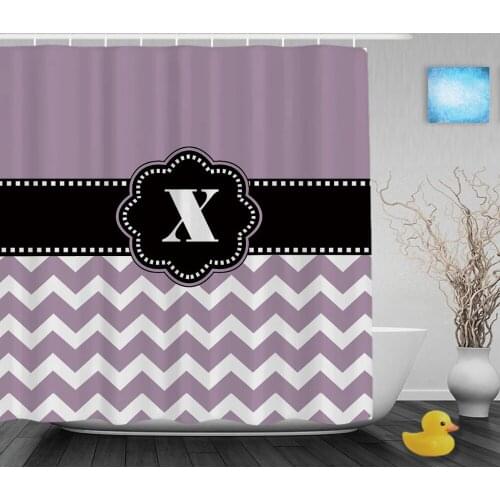 Personalized Black Monogram Decor Bathroom Curtains Purple Striped Polyester Fabric Bathroom Shower Curtain Hooks
