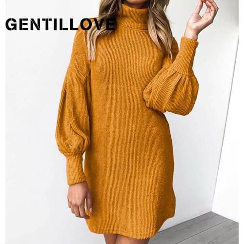 Gentillove Casual Turtleneck Lantern Sleeve Loose Sweater Dress Women Vintage Solid Mini Knitted Dress Winter Harajuku Pullover