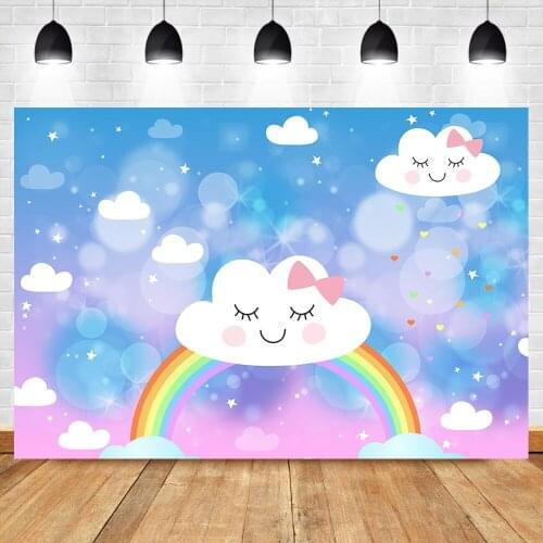 Rainbow Birthday Party Backdrop Little Stars Cloud Baby Cartoon Glitter Bokeh Photography Background