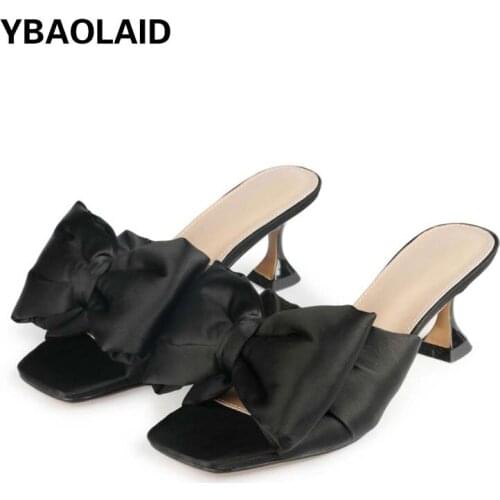 Outer Wear New Solid Color Square Toe Open-toed Sole Heel Womens Slippers Vamp Silk Big Bow Decoration Flip-flop Sandals