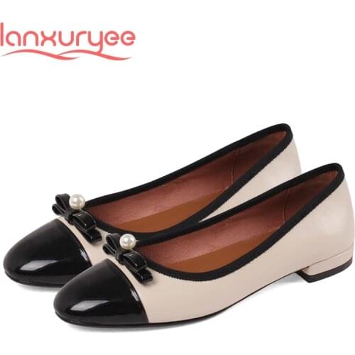 Lanxuryee leisure genuine leather mixed colors butterfly-knot round toe low heel slip on sweet girls dress cozy women pumps L27