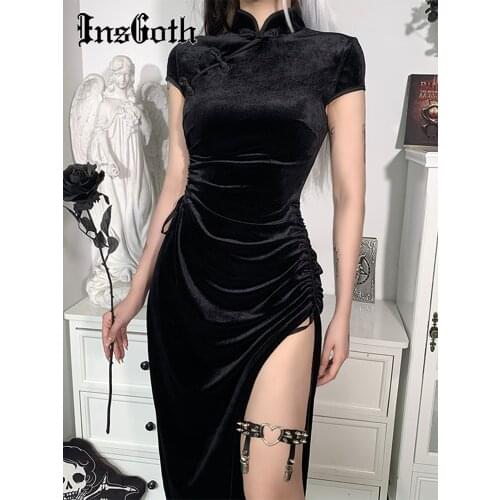 InsGoth Vintage Velvet Black Midi Dress Goth Sexy Cut Out Ruched Party Dress Aesthetic High Waist Split Dress Elegant Cheongsam