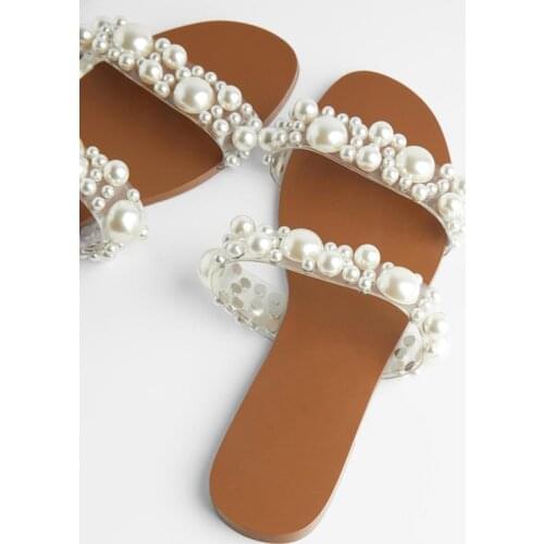 Zar a Woman 2021 Flat Shoes Spring Summer New Sexy Fashion Brown Pearl Square Toe Flat-Heeled Beach Sandals For Women Plus Size