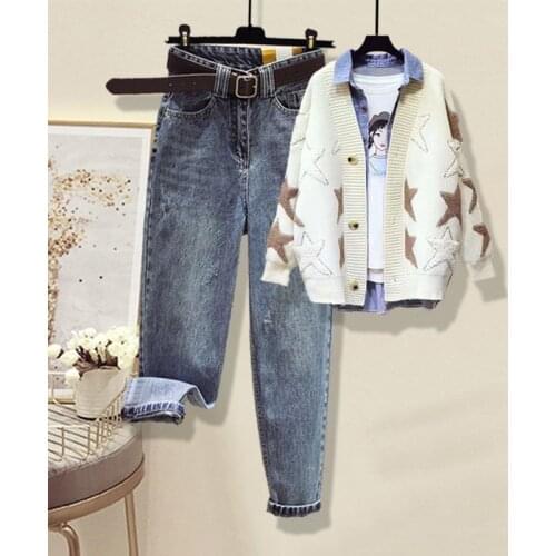 Women 201 Autumn Winter Fashion Two Piece Sets Female Loose Knit Sweater Coats Ladies High Waist Loose Harem Pants Suits P176