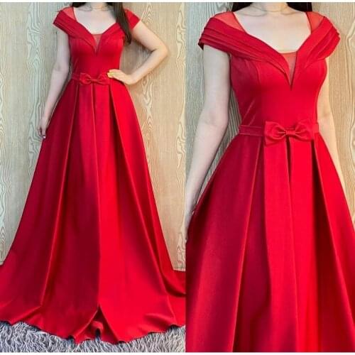 Elegant A-Line Long Satin V-Neck Red Evening Dresses with Pockets Lace Up Back Royal Blue Abendkleider Robes de Soirée for Women