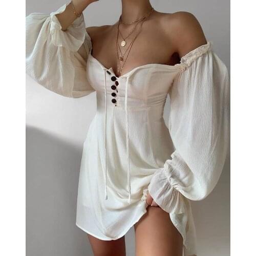 Spring Autumn Dress Woman Vintage Long Sleeve A Line Sexi Sukienka V-Neck Mini White Dress Short Sexy Wedding Party Dress Robe