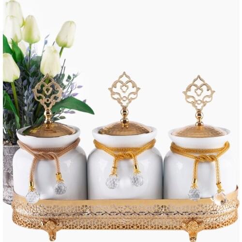 3 Piece Porcelain Spice Coffee Tea Rice Storage Jar Gold Colour Kitchen Set Classical Design Luxury Metal Stylish Decorative