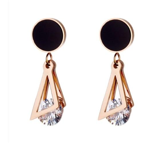 316L Stainless Steel Zircon Black Enamel Hollow Triangle Earrings Trendy Popularity Generous Simple Earrings No Fade
