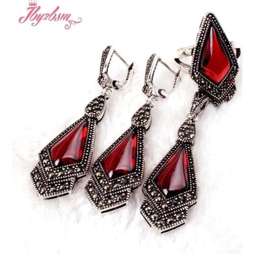 9x11mm Red CZ Crystal Marcasite Tibetan Silver Fashion For Party Pendant 15x46mm/Earrings 15x50mm/Ring #6-#8 Free Shipping