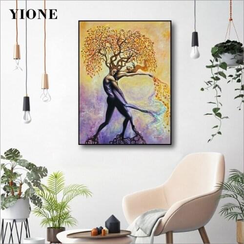 Abstract Art Tree Man and Woman Canvas Painting Custom Maple Leaf Plant Figure Wall Poster Picture Print Living Room Decoration