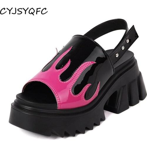 CYJSYQFC Fire Flame Print Punk Cool Gothic Shoes Patent Leather Metal Rivets Platform Mules Peep Toe Chunky Heel Casual Sandals