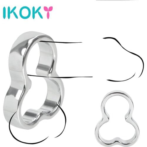 IKOKY Stainless Steel Penis Ring Delay Time Ball Stretcher Scrotal Bondage Cock Rings Metal Chastity Devices Sex Toys for Men