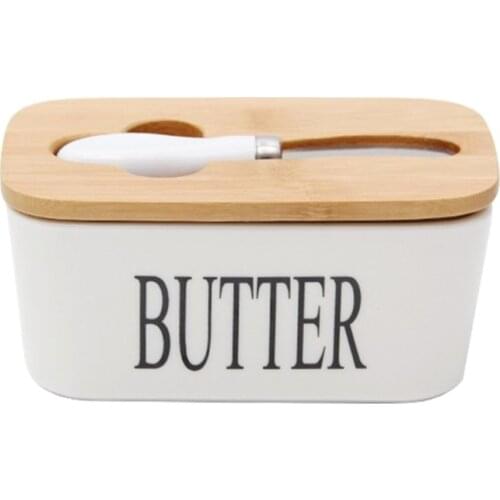 Nordic Porcelain Butter Dish Plate Sealing Box Wooden Lid Knife Cheese Storage