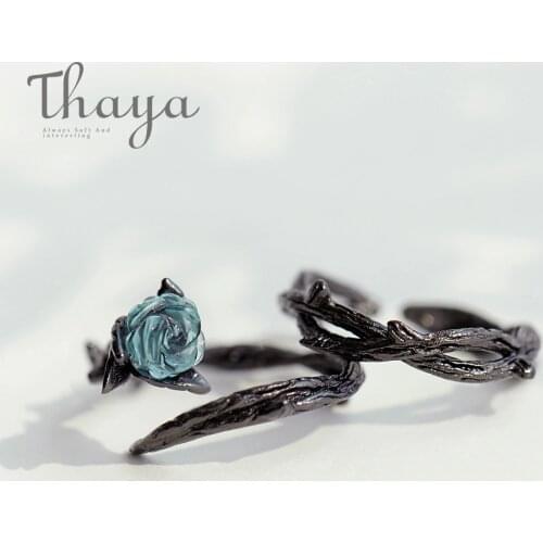 Thaya Rose Thorns s925 Silver Rings Blue Crystal Rose Flower Vintage Plant Valentines Gift for Women Knot Black Fine Jewelry