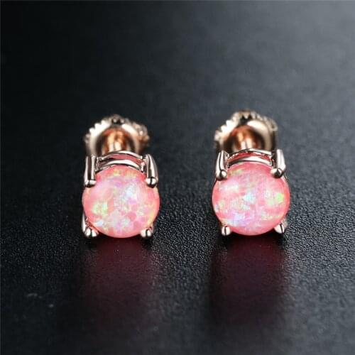 6mm Round Stone Small Stud Earrings White Blue Pink Opal Earrings Dainty Rose Gold Screw Back Earrings For Women Wedding Jewelry