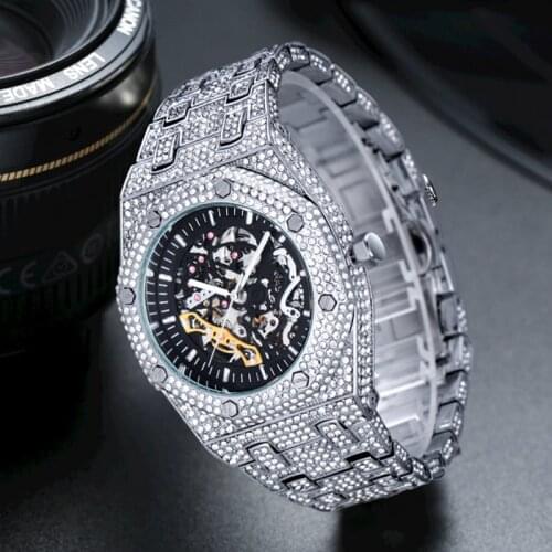 MISSFOX Full Diamond New Luxury Men Mechanical Wristwatch Stainless Steel Watch Top Brand Sapphire Glass Men Watch reloj hombre