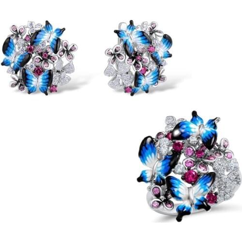 Beautiful 925 Silver Butterfly Flower Jewelry Set for Women Bohemia Symmetrical Romantic Elegant Enamel Earrings Ring Set