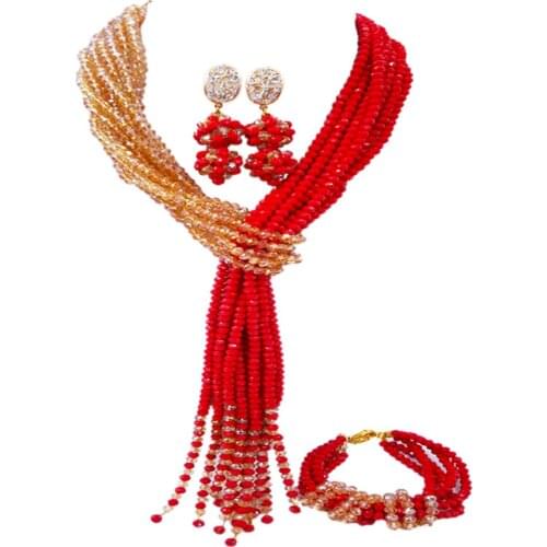 Opaque Red Gold AB Costume African Wedding Beads Jewelry Set Crystal Nigerian Necklace Sets for Women 10WJK07