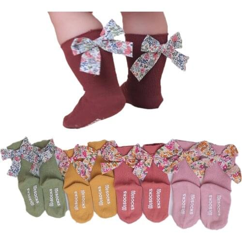 Floral bowknot back design newborn baby girls socks solid color stripe infant kids knee high long socks for girls boots socks
