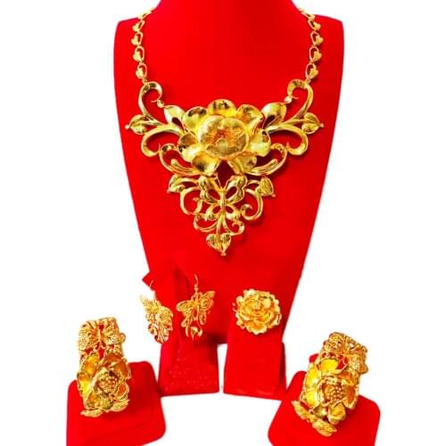 Yulaili New 2021 Chinese Style Flower-Shaped Jewelry Set and African Window Gold Earrings Ring Bracelets Necklaces Jewelry Sets