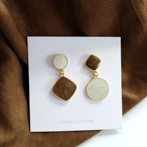 New Asymmetrical Round Square Earrings Women Fashion Temperament Eanmel Dangel Drop Earrings For Women Jewelry Girl Party Gift