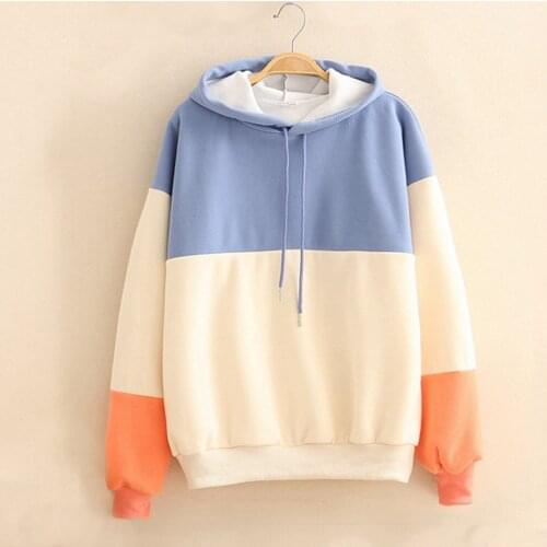 Hooded Pockect Casual Loose Pullover Fleece Hoodies Women Casual Print Long Sleeve Splice Patchwork Sweatshirt Vintage Tops