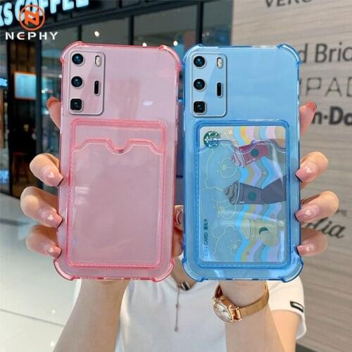 Card Bag Transparent Phone Case For Huawei P30 P40 Pro P40Pro Mate 30 40 Nova 5 7 8 Pro Shockproof Soft Bumper Clear Cover Capa