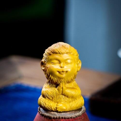 Boxwood 6cm Sun Wukong Sculpture Animal Carving Little Monkey King Meditation Wood Buddha Statue Home Decor